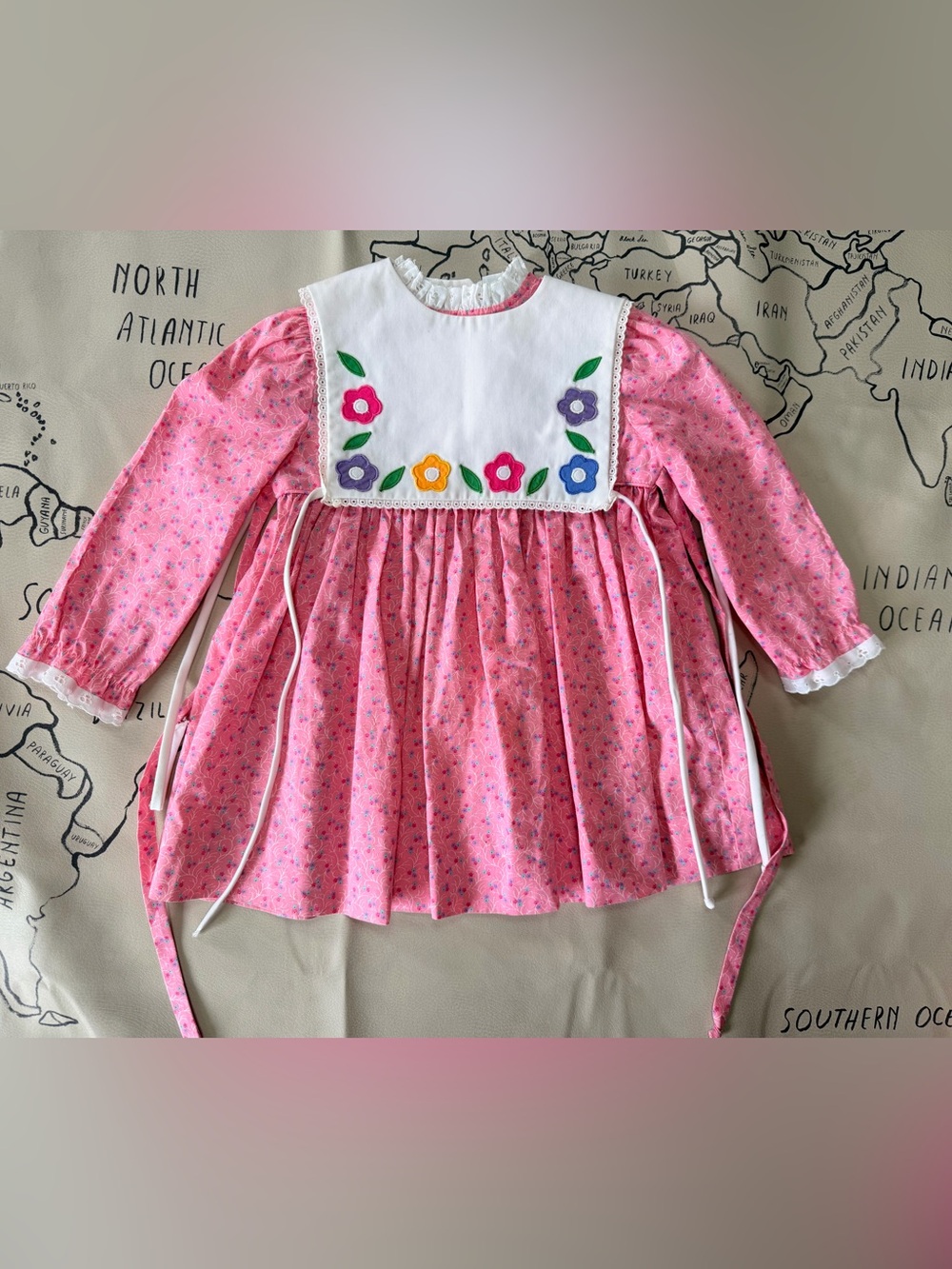 Youngland Vintage Pink Floral Long-Sleeve Prairie Dress with Embroidered Bib
